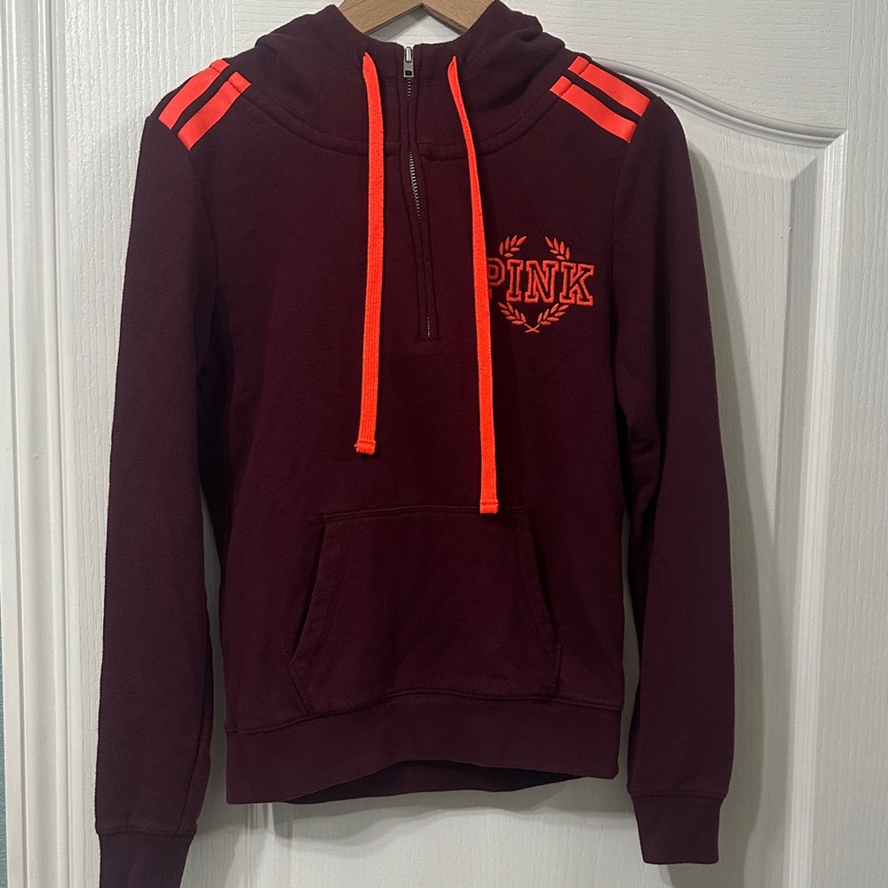 PINK Victoria's Secret Burgundy Zip-Up Sweater with Neon Orange Details
